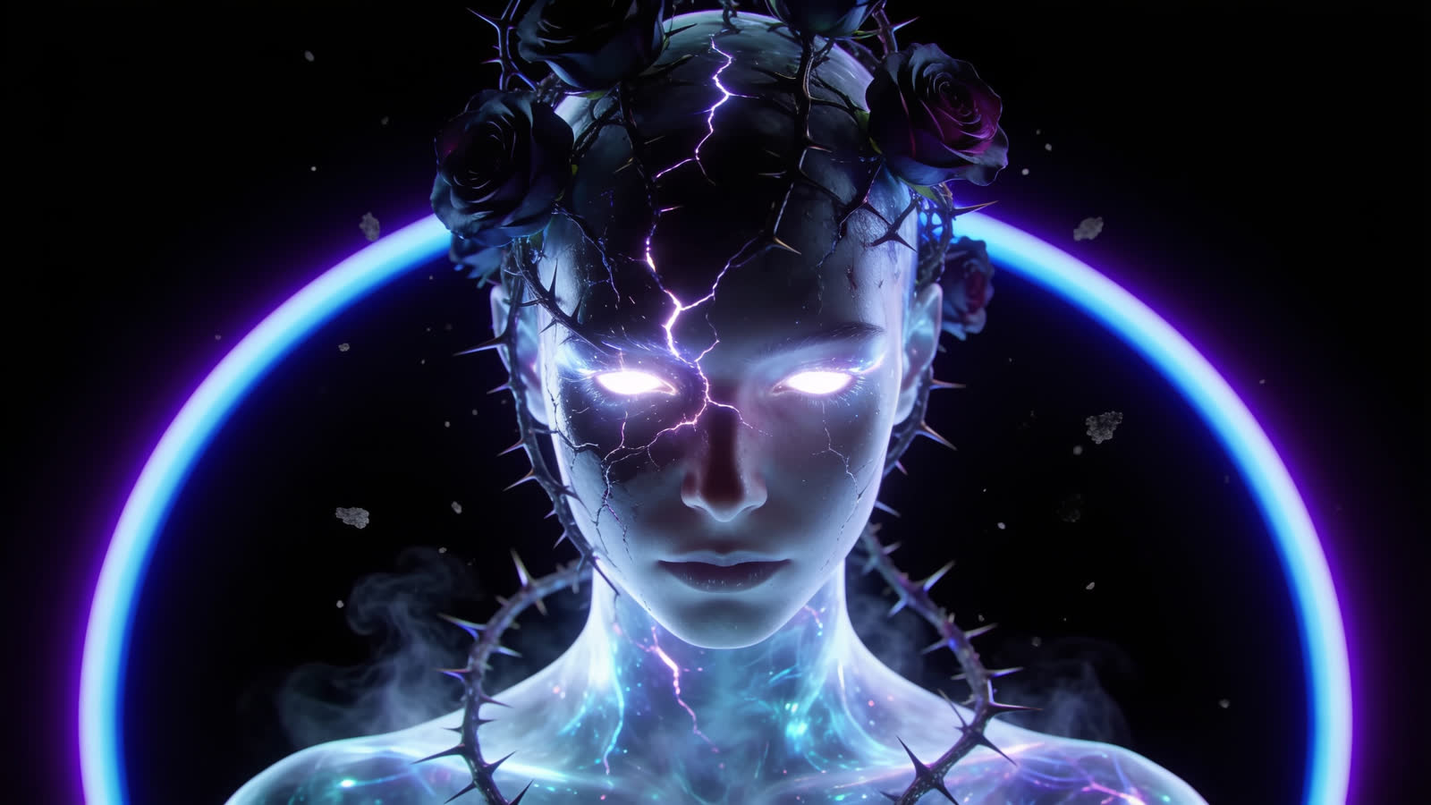 Voltage — פנים עם ברקים לבנים בתוך טבעת ציאן ומגנטה