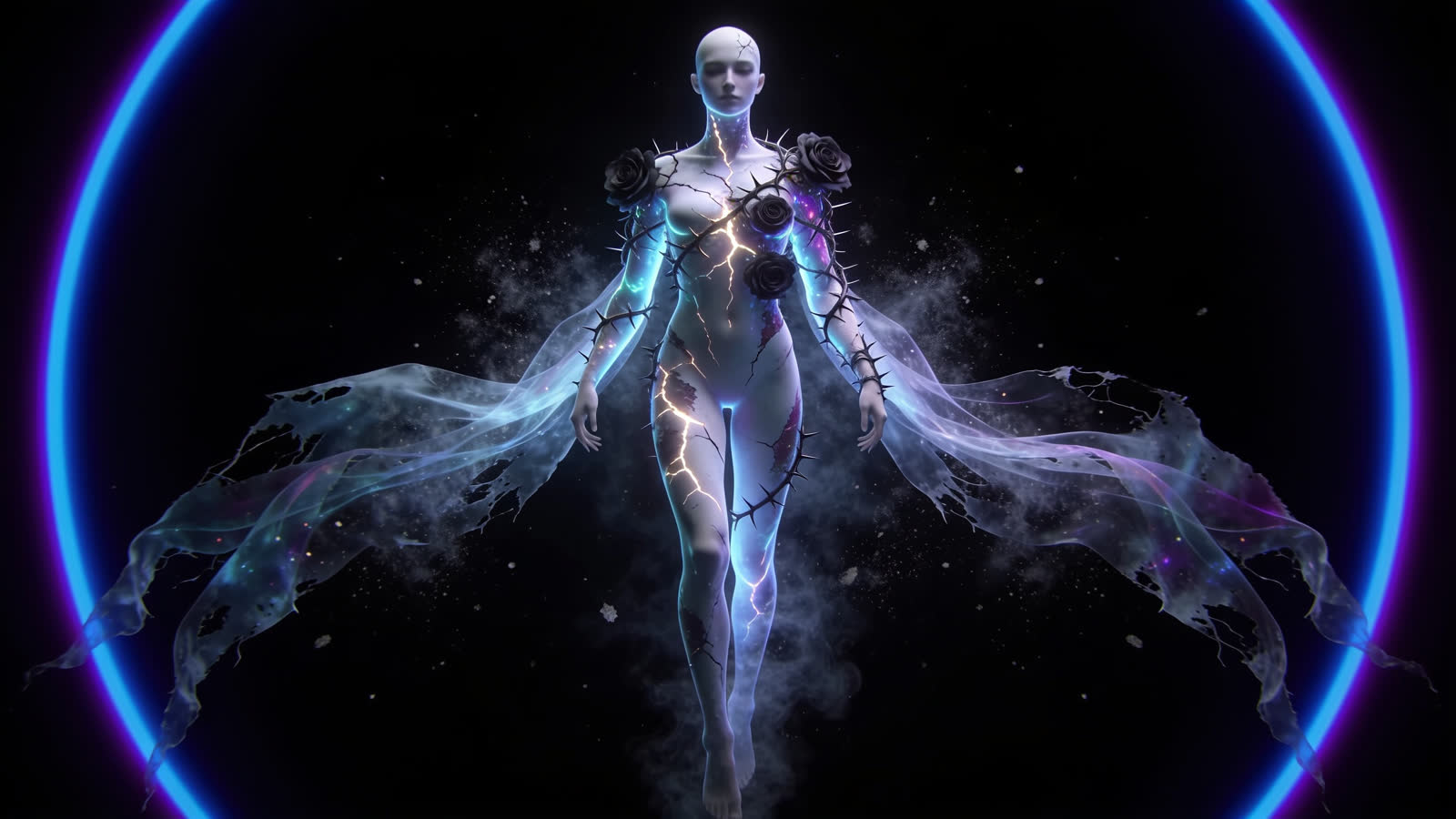 Wraith — דמות לבנה נמסה לתוך בד מתנופף בטבעת כחולה
